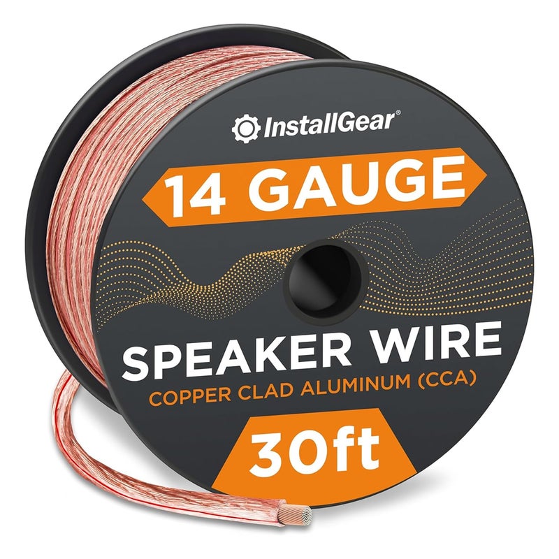 InstallGear 30ft 14 Gauge Speaker Wire - Clear Copper Wire for Car Audio, Home Theater, Surround Sound - Durable PVC Jacket - Easy Polarity ID - Flexible Speaker Cable - Image 1